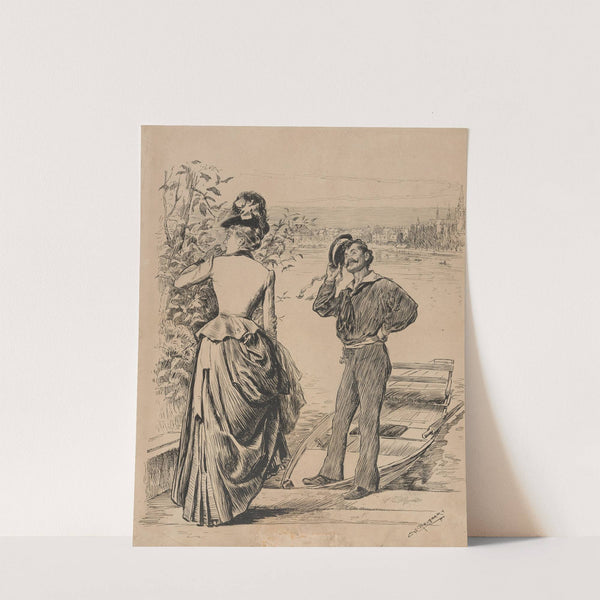 Sailor tipping hat to lady on banks of river by Charles Stanley Reinhart
