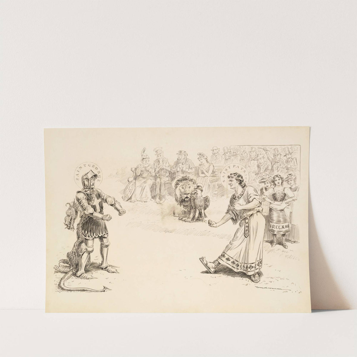 Saint George and Saint Patrick prepare to fight before a crowd (1906) by William Henry Walker