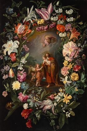Saint John carrying the Christ Child with God the Father and angels surrounded by a garland of flowers