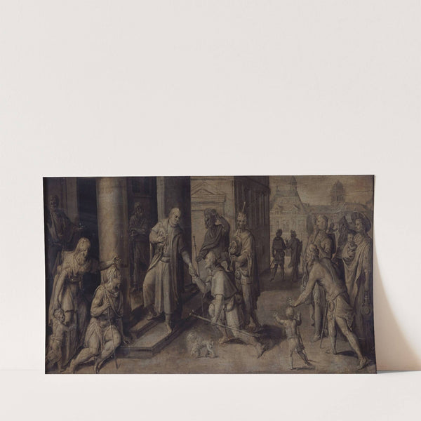 Saint Luke Giving three Pilgrims Alms by Maerten De Vos