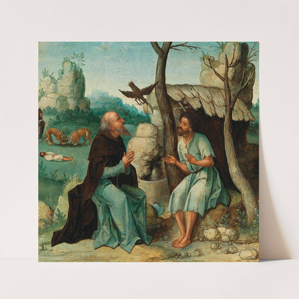 Saint Paul the Hermit and Saint Anthony Abbot fed by a raven by Dutch School
