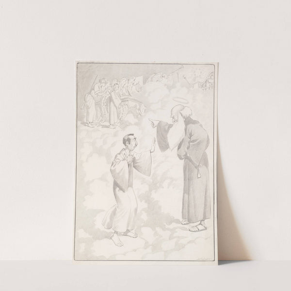 Saint Peter directs a reluctant man toward Heaven where an angel applies wings and distributes harps. (1912) by Samuel Ehrhart