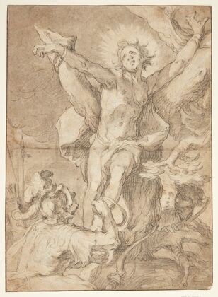 Saint Sebastian is tied to a tree by a Roman soldier