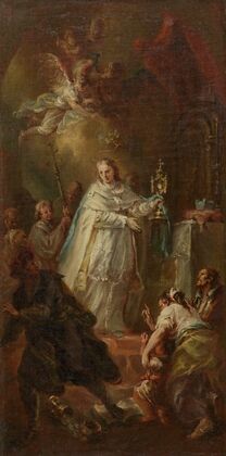 Sakramentswunder; Ein Priester vertreibt einen Ketzer mit dem emporgehobenen Allerheiligsten vom Altar