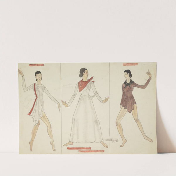 Salut au Monde: White unitard with red drape. White gown with red kerchief. Brown unitard with black kerchief (1934-1943) by Robert Byrne