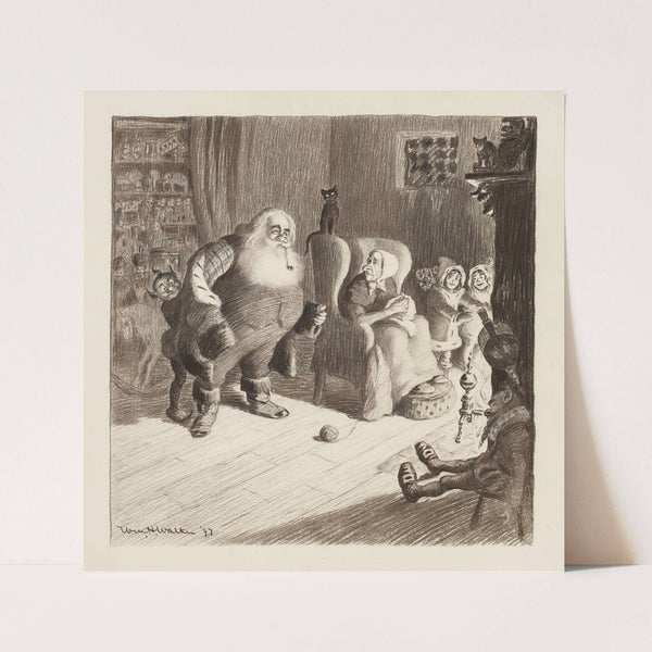Santa Claus puts on his coat in a parlor, with Mrs. Claus in her chair, two children, two elves, and a shelf of toys. (1897) by William Henry Walker