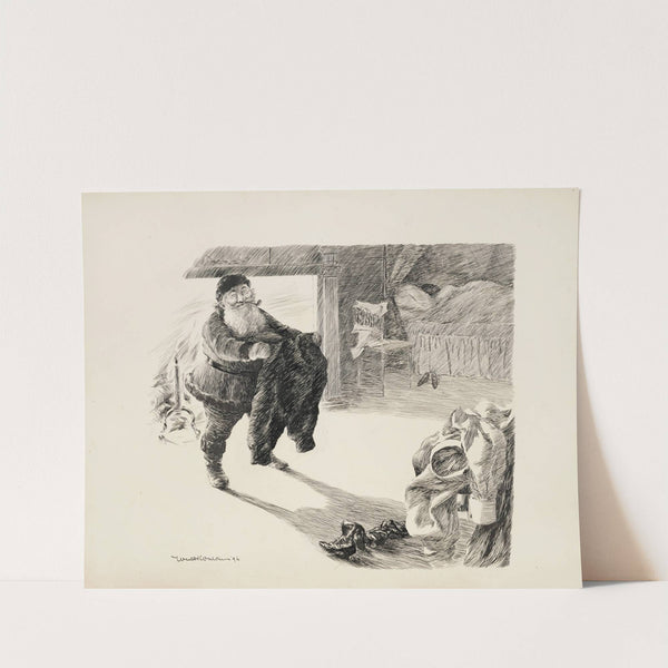 Santa Claus stands in a bedroom where someone is sleeping, in front of a fire, holding a pair of pants. (1896) by William Henry Walker