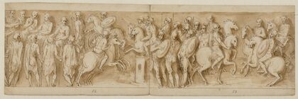 Sarmatere fremført for det kejserlige råd; Marcus Aurelius og Pompejus på hesteryg, omgivet af vagter, betragter et mindre opgør; germanske adelsmænd overbringer en meddelelse