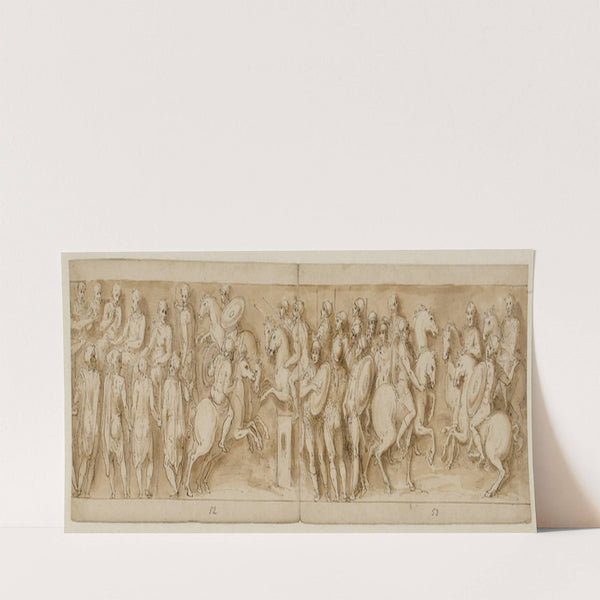 Sarmatere fremført for det kejserlige råd; Marcus Aurelius og Pompejus på hesteryg, omgivet af vagter, betragter et mindre opgør; germanske adelsmænd overbringer en meddelelse by Giovanni Guerra