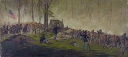 Scene behind the breastworks on Culps Hill, morning of July 3rd 1862