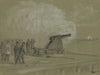 Scene on the dock at the Rip Raps. Testing the Sawyer gun and projectile, a shell bursting on the rebel batteries at Sewells Point