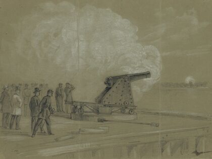 Scene on the dock at the Rip Raps. Testing the Sawyer gun and projectile, a shell bursting on the rebel batteries at Sewells Point