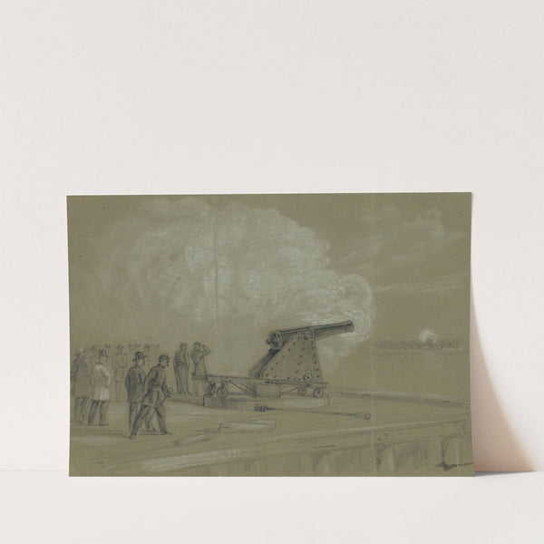Scene on the dock at the Rip Raps. Testing the Sawyer gun and projectile, a shell bursting on the rebel batteries at Sewells Point by Alfred Rudolph Waud