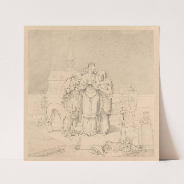 Scène uit een middeleeuws verhaal; de ouders en vrouw van de overledene rond het nog open graf (1834 - 1882) by Alexander Hugo Bakker Korff