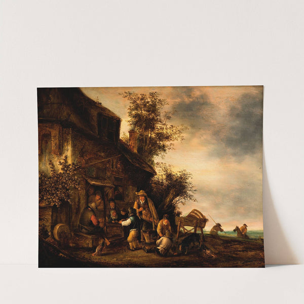 Scene with a hurdy-gurdy player and a boy violinist outside a tavern by Gert van Hens