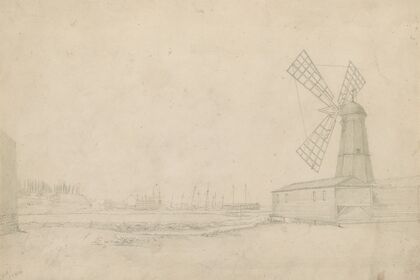 Scene with windmill on right, Brooklyn Navy Yard to left