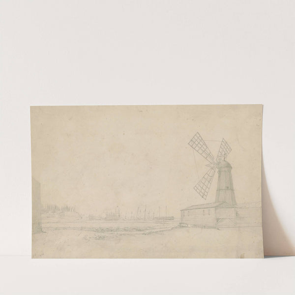 Scene with windmill on right, Brooklyn Navy Yard to left by John Rubens Smith