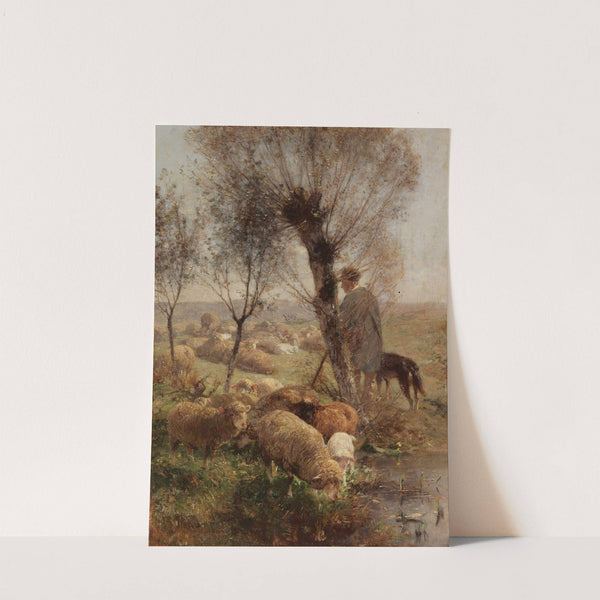 Schäfer mit Hund und Herde unter Weidenbäumen am Wasser (1890) by Heinrich Von Zügel