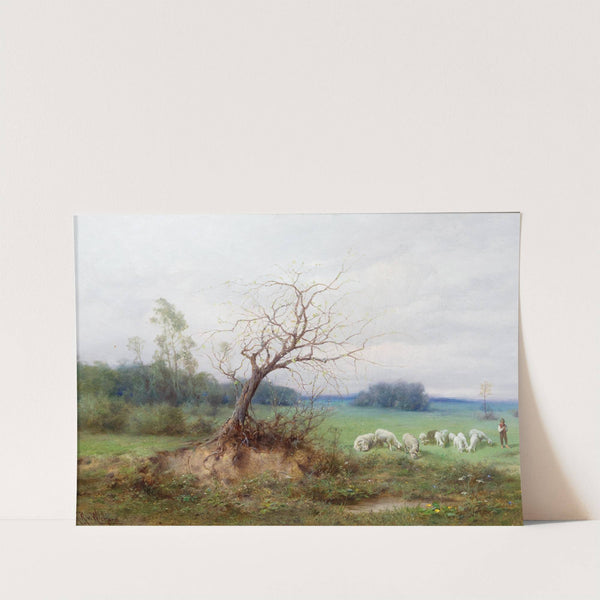 Schafherde mit Hirten in einer weiten Landschaft by Raimund Ritter von Wichera