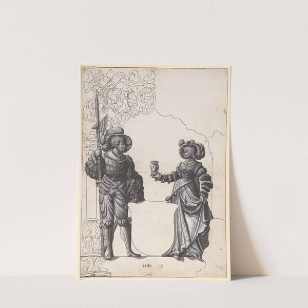 Scheibenriss mit Frau, die einem Hellebardier den Willkommtrunk reicht, und leerem Wappenschild by Hans Rudolf Manuel