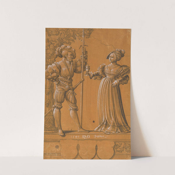 Scheibenriss mit Frau, die einem Landsknecht den Willkommtrunk reicht by Hans Rudolf Manuel