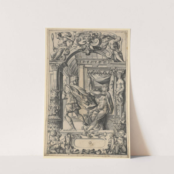 Scheibenriss mit Josefs Flucht vor Potiphars Weib, in den Oberbildern Fides und Prudentia by Hans Bock the Elder