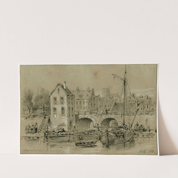 Schepen aangemeerd aan de kade in stad bij boogbrug by Pieter van Loon