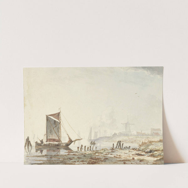 Schepen op een rivier, bij de oever by Hendrik Gerrit ten Cate