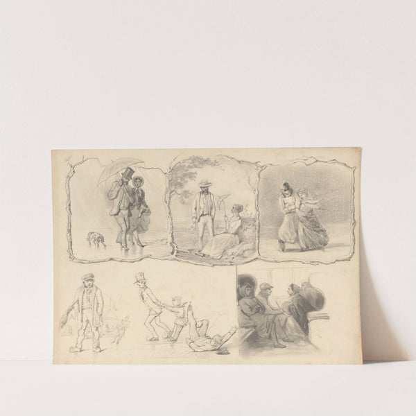 Schetsblad met diverse studies, onder andere van ijspret by August Allebé