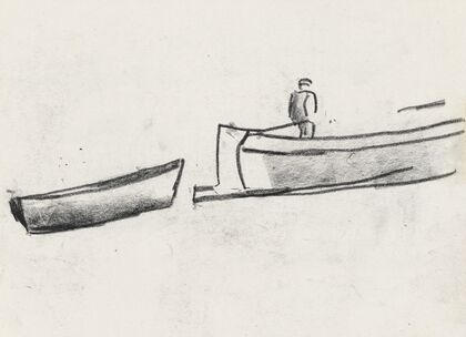Schetsblad met een schip met een man aan boord