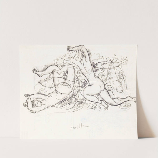 Schetsblad met naakt zwemmende vrouwen en vissen (1891) by Leo Gestel