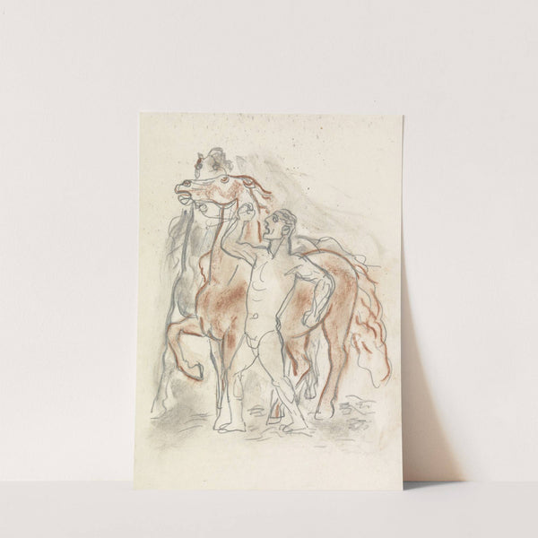 Schetsblad met naakte man, die twee paarden in bedwang houdt (1891) by Leo Gestel