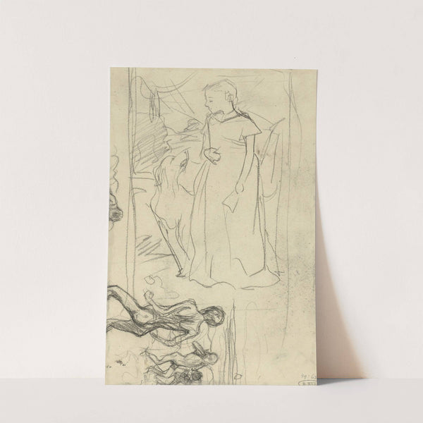 Schetsen van een meisje met hond en badende jongens (1877 - 1932) by Marius Bauer