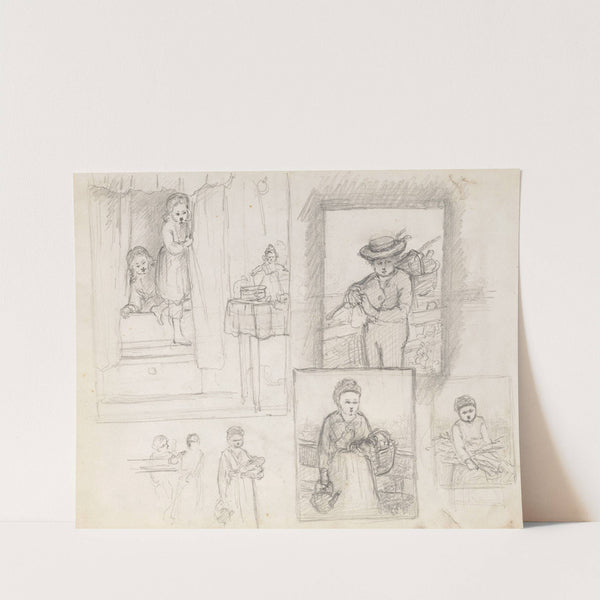 Schetsen van kinderen op Sinterklaas-ochtend; jongen en meisje met een mand by Hendrik Valkenburg