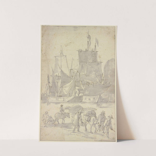 Schiffe im Hafen, vorne drei Männer mit einem beladenen Esel nach rechts by Abraham Storck