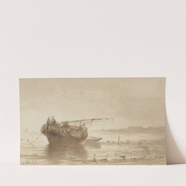 Schip met gestreken zeil op een rivier (1849) by Johannes Hilverdink