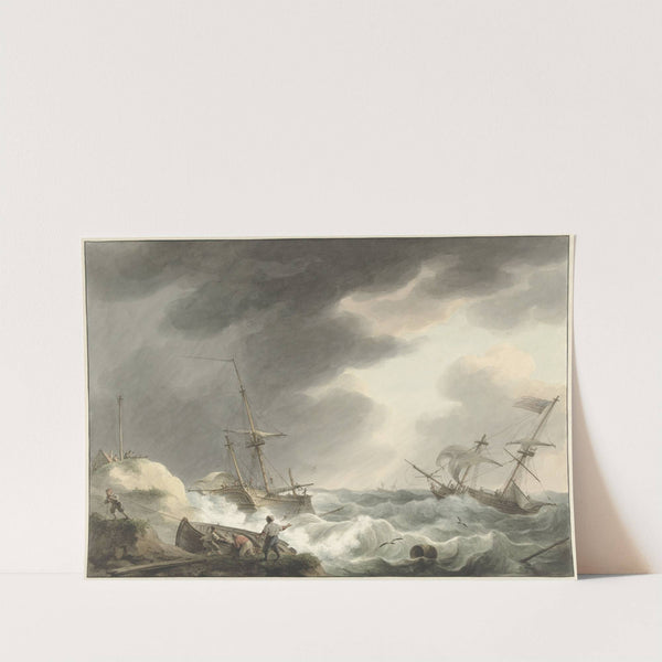 Schipbreuk van twee schepen, waarvan één onder Amerikaanse vlag, op een duinenkust by Martinus Schouman