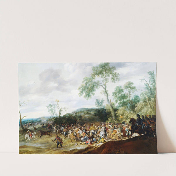 Schlachtengetümmel in weiter hügeliger Landschaft by Pauwels van Hillegaert