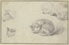 Schlafende Katze und Hund, ein Kuhkopf und ein Katzenkopf