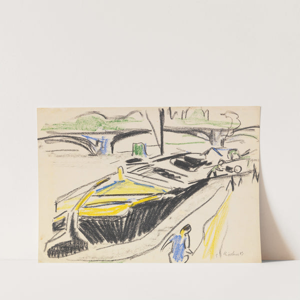 Schleppkahn am Elbufer im Hintergrund die Carolabrücke (1909) by Ernst Ludwig Kirchner