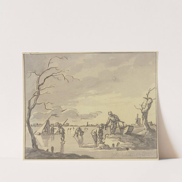 Schlittschuhläufer, links auf dem Eis ein Zelt by Hendrik Willem Schweickhardt