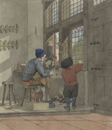 Schoenmaker in zijn werkplaats