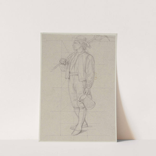Schreitender Bauer mit geschultertem Rechen und einer Kanne in der Linken by Jakob Becker
