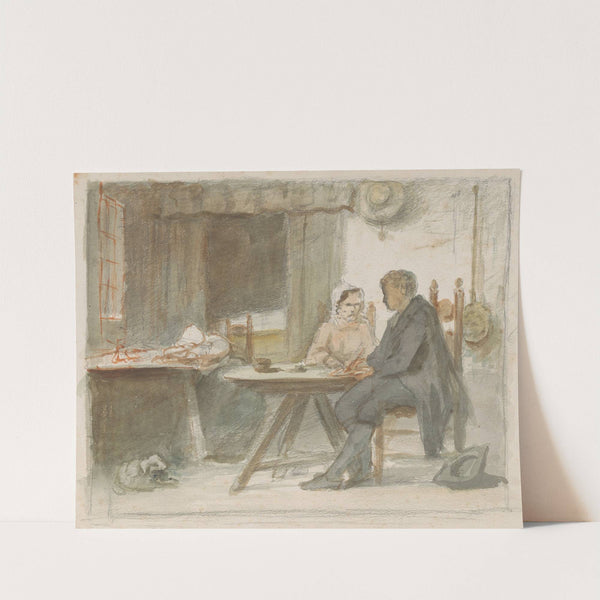 Schrijvende man en een vrouw aan een tafel by Hendrik Valkenburg