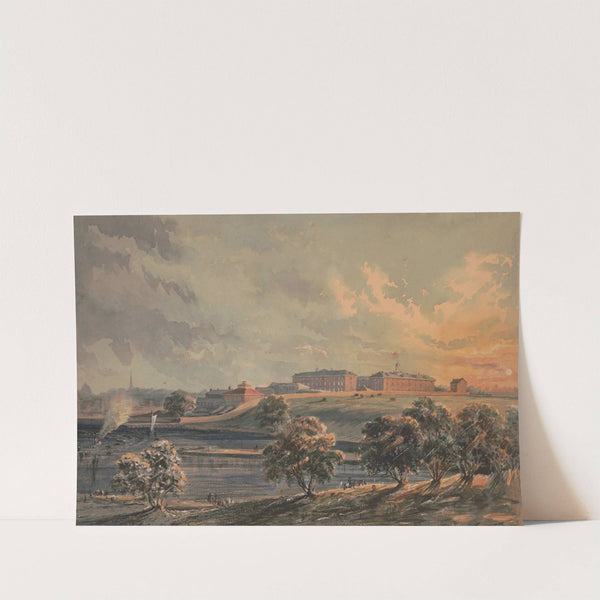 Schuylkill Arsenal at sunset, from across the Schuylkill River, looking west (1850-1860) by James Fuller Queen