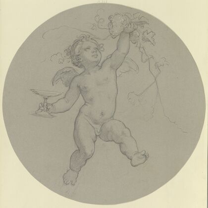Schwebender Putto mit Traube und Trinkschale