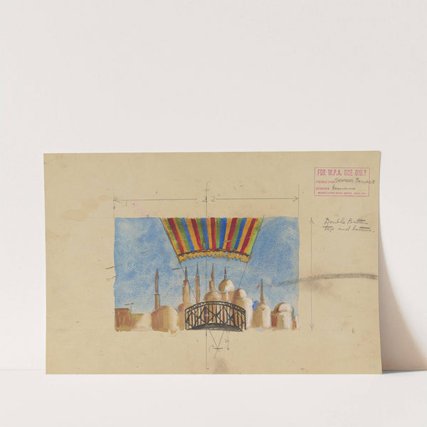 Seamen’s Ballad: Drop Painted as Canopy of Hot-Air Balloon Over City (1934-1943) by Manuel Essman