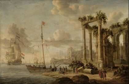 Seaside landscape with ancient ruins on the coast