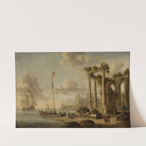 Seaside landscape with ancient ruins on the coast by Jacobus Storck