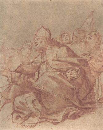 Seated Bishop with Arms Extended and Three Attendant Figures